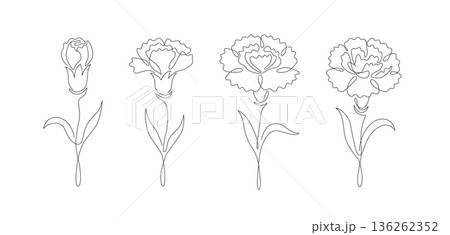 カーネーションの一筆書き線画イラストセット 蕾から満開まで 線幅変更可能なベクター素材 カーネーションの一筆書き線画イラストセット 蕾から満開まで 線幅変更可能なベクター素材 136262352