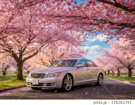 桜の下に佇む豪華なシルバーセダン 136262391