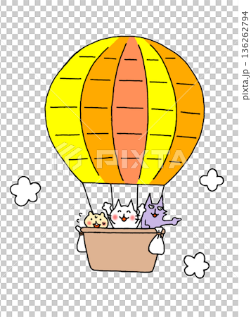 熱氣球，動物乘坐熱氣球的插圖，有雲朵 136262794