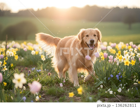 春の花畑を駆け回るゴールデンレトリーバー 136262811