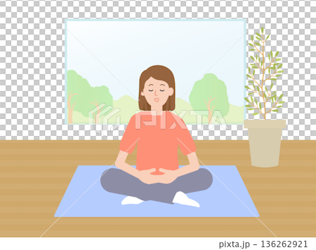 一位女士在客廳裡做瑜珈的插圖 一位女士在客廳裡做瑜珈的插圖 136262921