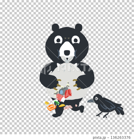 一隻黑熊和一隻烏鴉在垃圾袋裡遊蕩的插圖 | 警示：注意動物破壞 136263376