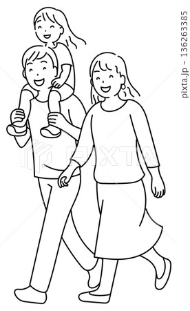 肩車をして歩く親子　線画 136263385