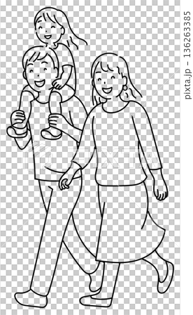 肩車をして歩く親子　線画 136263385