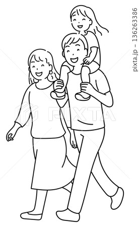 肩車をして歩く親子 線画 肩車をして歩く親子 線画 136263386
