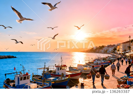 Colorful fishing boats dock in a lively harbor at sunset, with seagulls flying and warm reflections on calm water 136263387