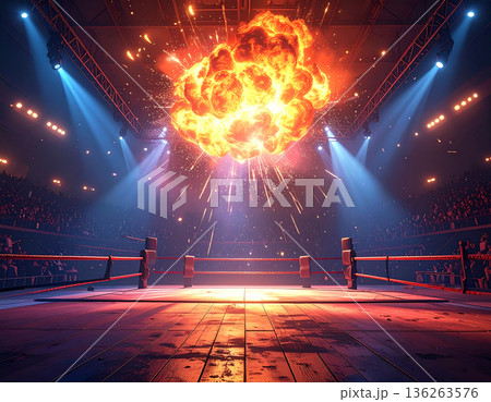 火花散るプロレスリングをスポットライトが照らす熱狂の試合会場 136263576