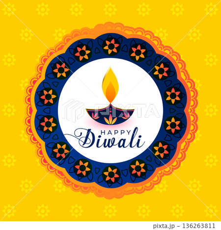 happy diwali festive rangoli background with diya 136263811
