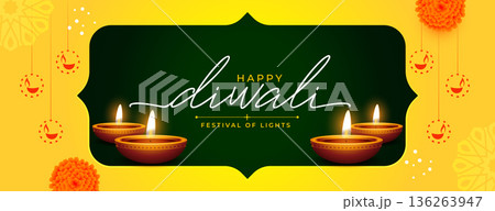 happy diwali religious yellow banner with glowing diya happy diwali religious yellow banner with glowing diya 136263947