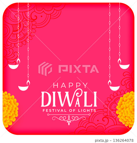 hanging diwali diya on pink background with floral decor 136264078