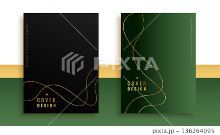 pack of black and green business cover template with golden lines 136264095