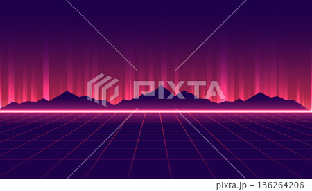 glowing 80s retro sci-fi geometric background with mountain design 136264206