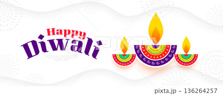 happy diwali greeting white banner with artistic diya design 136264257