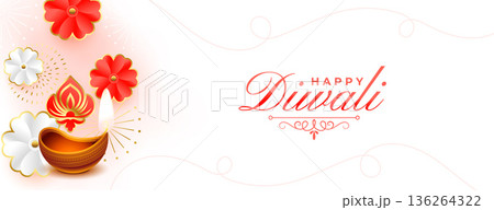 happy diwali festive white banner with oil lamp and flower 136264322