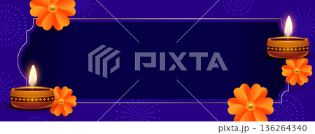 happy diwali wishes purple banner with diya and text space 136264340