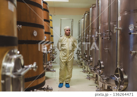 Winemaker working in modern large winery factory liquor drink industry quality. 136264471