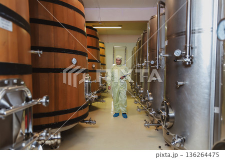 Winemaker working in modern large winery factory liquor drink industry quality. Winemaker working in modern large winery factory liquor drink industry quality. 136264475