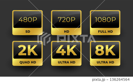 video resolution 480p, 720p,1080p, 2k, 4k and 8k ultra hd tag icon 136264564