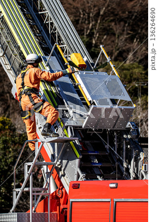 出初式ではしご付消防車のはしごを伸ばし救助活動を実演する消防隊員 136264690