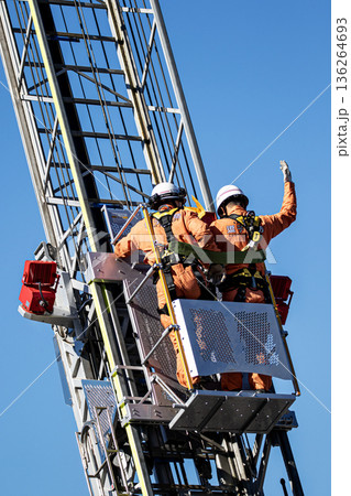 出初式ではしご付消防車のはしごを伸ばし救助活動を実演する消防隊員 136264693