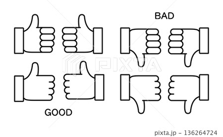 親指を立てた手と親指を下げた手の評価を表すアイコンセット 136264724
