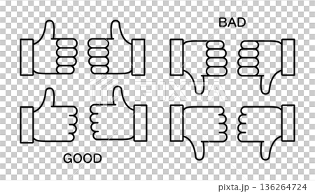 親指を立てた手と親指を下げた手の評価を表すアイコンセット 136264724