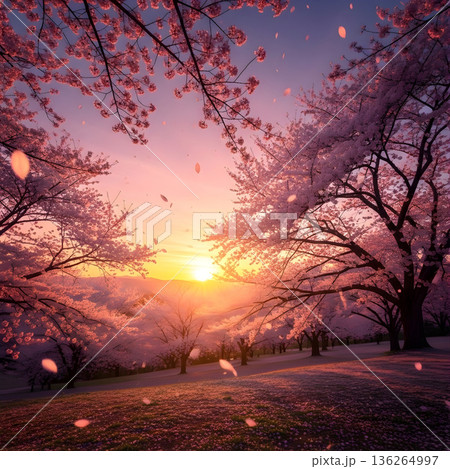 さくら満開の夕日の風景 136264997