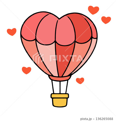Heart shaped hot air balloon, red pink romantic illustration, floating with love hearts Heart shaped hot air balloon, red pink romantic illustration, floating with love hearts 136265088