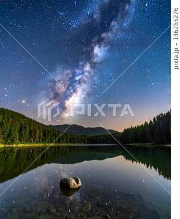 【AI生成画像】世界の大自然 夜空の天の川が湖面に映る絶景 136265276