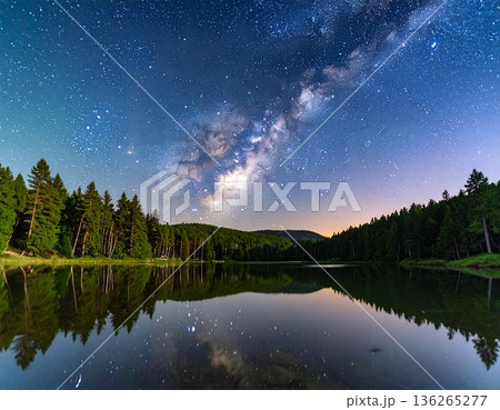 【AI生成画像】世界の大自然 夜空の天の川が湖面に映る絶景 136265277