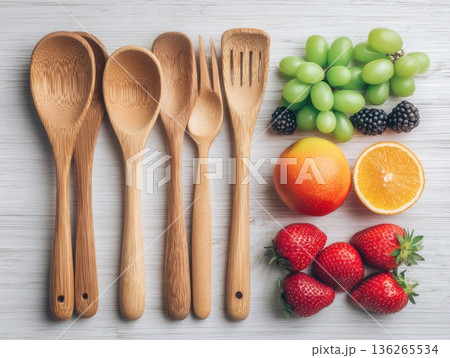 A collection of wooden cooking utensils including spoons, spatulas, and forks are arranged beside fresh fruit such as grapes, orange, and strawberries. The utensils and fruit are placed on a light 136265534