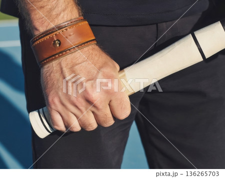 This image features a close up of a player holding a pickleball paddle handle. The wristband and paddle grip are sharply detailed. The mood feels prepared and concentrated. This image features a close up of a player holding a pickleball paddle handle. The wristband and paddle grip are sharply detailed. The mood feels prepared and concentrated. 136265703