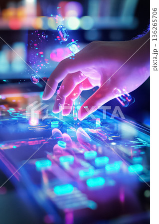 Hand interacting with a futuristic holographic touchscreen, symbolizing innovation, digital technology, AI interfaces, and advanced control systems. Hand interacting with a futuristic holographic touchscreen, symbolizing innovation, digital technology, AI interfaces, and advanced control systems. 136265706