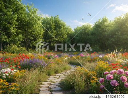 色とりどりの花々が広がる美しい散策路 色とりどりの花々が広がる美しい散策路 136265902