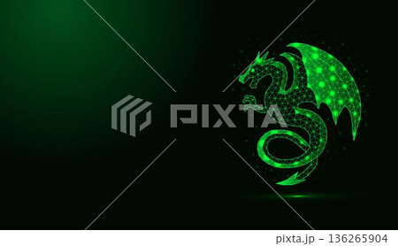 Glowing green low poly dragon wireframe on dark background. Glowing green low poly dragon wireframe on dark background. 136265904