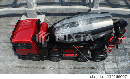 Concrete mixer truck on construction. driving. Building and transport concept. 3d rendering. 136266007