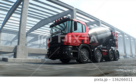 Concrete mixer truck on construction. driving. Building and transport concept. 3d rendering. 136266011