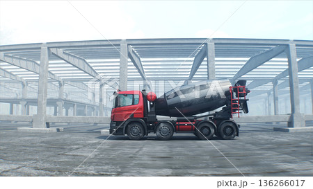 Concrete mixer truck on construction. driving. Building and transport concept. 3d rendering. 136266017
