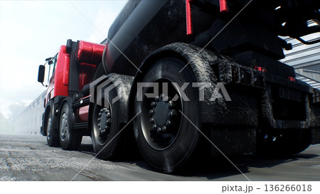 Concrete mixer truck on construction. driving. Building and transport concept. 3d rendering. 136266018