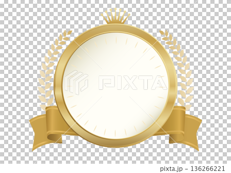 金色圓形獎牌框，配有皇冠、月桂花環和緞帶向量素材 136266221