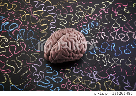 Human brain model surrounded by colorful curly lines drawn with chalk on scholl blackboard. Psychology, mental health or creative mind concept. 136266480