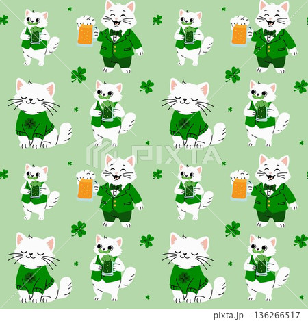 St. Patricks Day Cat Seamless Pattern with Beer and Shamrocks 136266517