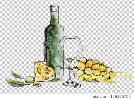 Gourmet still life of wine bottle, balloon glass, maasdam cheese, olive fruits, slices and leaves, grape bunch. Isolated illustration hand drawn in watercolor and ink for menus, artisanal food market. Gourmet still life of wine bottle, balloon glass, maasdam cheese, olive fruits, slices and leaves, grape bunch. Isolated illustration hand drawn in watercolor and ink for menus, artisanal food market. 136266706