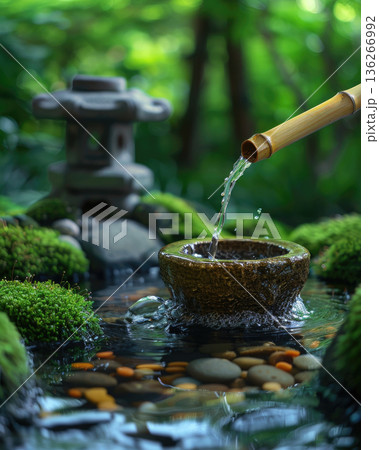 Japanese garden bamboo fountain stone basin flowing water moss green foliage tranquil peaceful outdoor nature relaxation long exposure photography 136266992