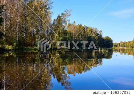 Tranquil River Reflections of Autumn Trees Tranquil River Reflections of Autumn Trees 136267055