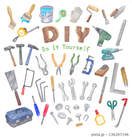 DIYツールイラストセット　手描き水彩画 136267146