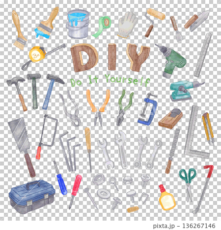 DIYツールイラストセット　手描き水彩画 136267146