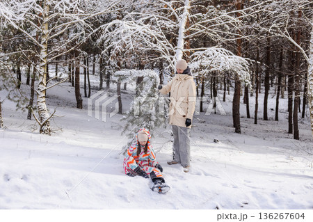 Two teenage girls playing with snow under pine trees in winter forest, one shaking branch while other sits on snowy ground, joyful outdoor leisure scene Two teenage girls playing with snow under pine trees in winter forest, one shaking branch while other sits on snowy ground, joyful outdoor leisure scene 136267604