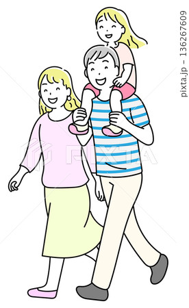 肩車をして歩く親子　線画 136267609