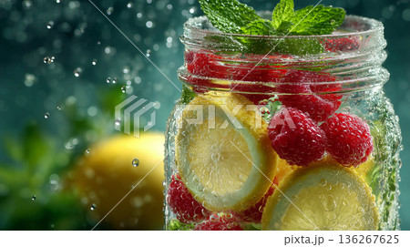 Refreshing lemon raspberry infused water with mint in glass jar and water splashes 136267625
